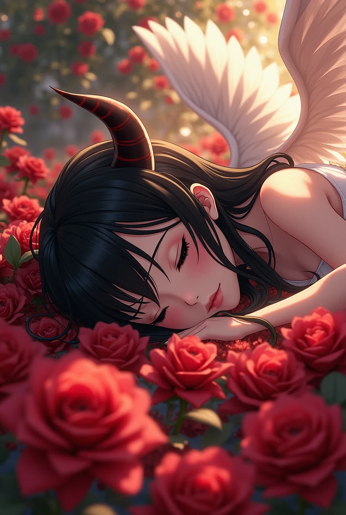 An anime image showing a girl with black hair and black eyes sleeping on roses. with demon horns and angel wings

