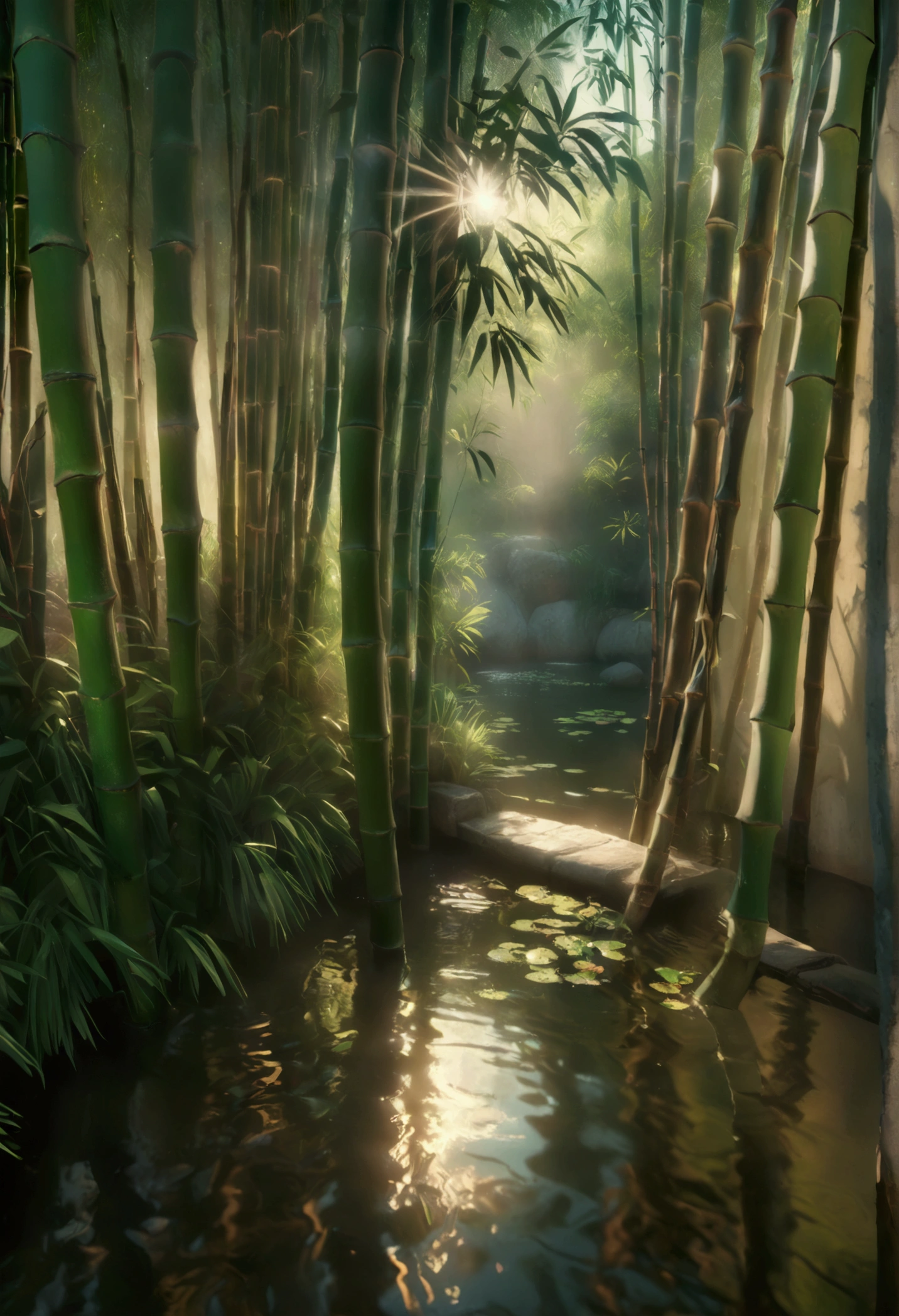 a lush, verdant bamboo forest in the Vietnamese countryside, sunlight filtering through the bamboo stalks, dense foliage, peaceful atmosphere, serene landscape, dramatic shadows, natural textures, tranquil pond, traditional Vietnamese architecture in the distance, idyllic rural scene, photorealistic, 8k, highly detailed, cinematic lighting, warm color palette