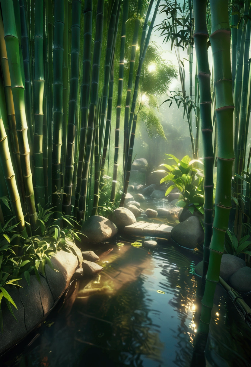 a lush, verdant bamboo forest in the Vietnamese countryside, sunlight filtering through the bamboo stalks, dense foliage, peaceful atmosphere, serene landscape, dramatic shadows, natural textures, tranquil pond, traditional Vietnamese architecture in the distance, idyllic rural scene, photorealistic, 8k, highly detailed, cinematic lighting, warm color palette
