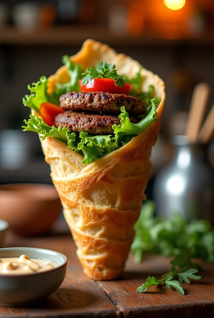 Cone with bread dough stuffed with hamburger meat and salad