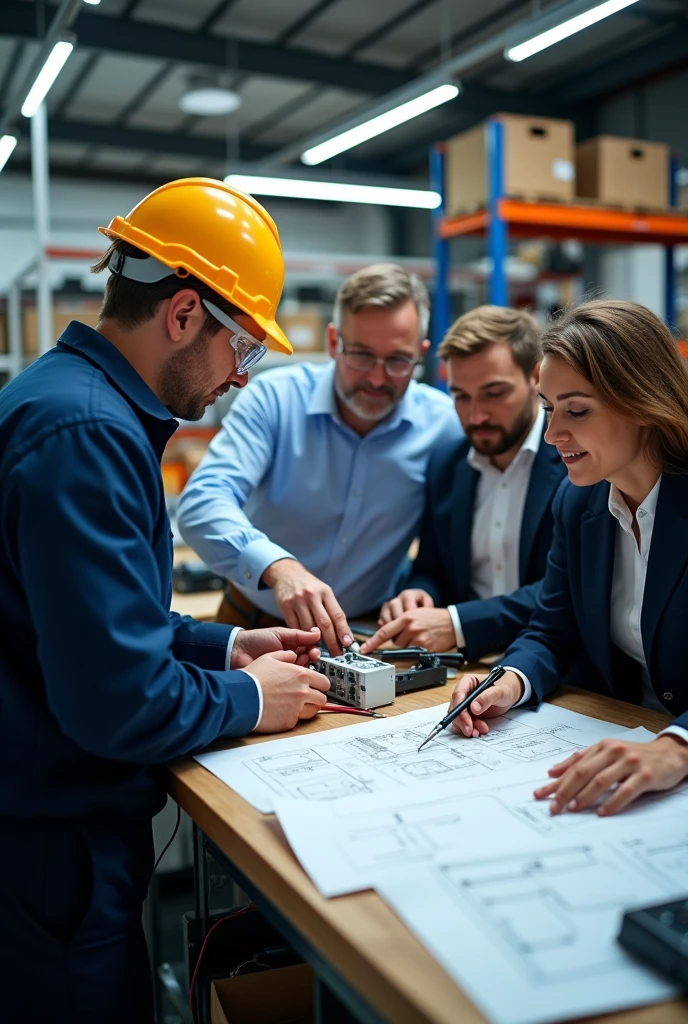 Electrical engineer testing wire & MCB with clients discussions