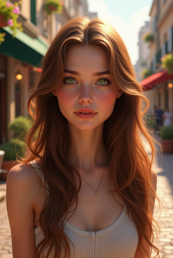 Photo, (sharp focus:1.2), attractive young woman, (beautiful face:1.1), detailed eyes, (smile:0.9), (body freckles:0.9),, (medium breasts:0.8), (toned body:1.2), shiny (brown hair:1.1), wearing (skirt:1.2). depth of field. 4K, HDR. by (James C. Christensen:1.2|Jeremy Lipking:1.1).