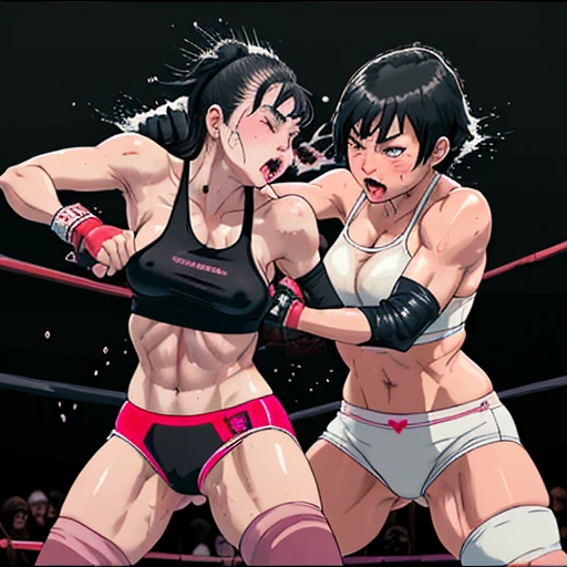 two bloody beautiful Japanese female heavyweight fighters are fighting by extreme bareknuckle boxing in the octagon fighting ring of underground arena with audience. A fierce exchange of dynamic punches. they are beating each other so hard. survival battle. whole body picture. they are covered in scars and bruises. they are damaged terribry. Short-cut black hair, out of breath, drooling from mouth, one eye is closed, exhausted, drenched in sweat. Erect nipples. open finger glove. Ragged white and pink lined sports bra, high leg panty, Stockings. armwarmers. small breasts, armwarmers. Whittled waistline, muscular, six-pack abs, very thick arms and thighs, super huge tits.