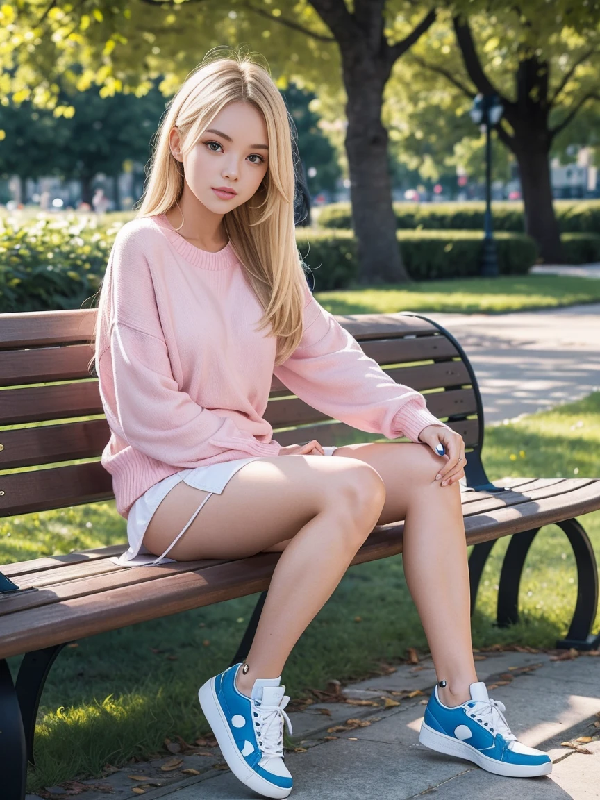 A hot blonde girl is sitting on a bench in a beautiful park. The girl is wearing a pink sweater, a white miniskirt and blue sneakers. The girl is 20 years old.