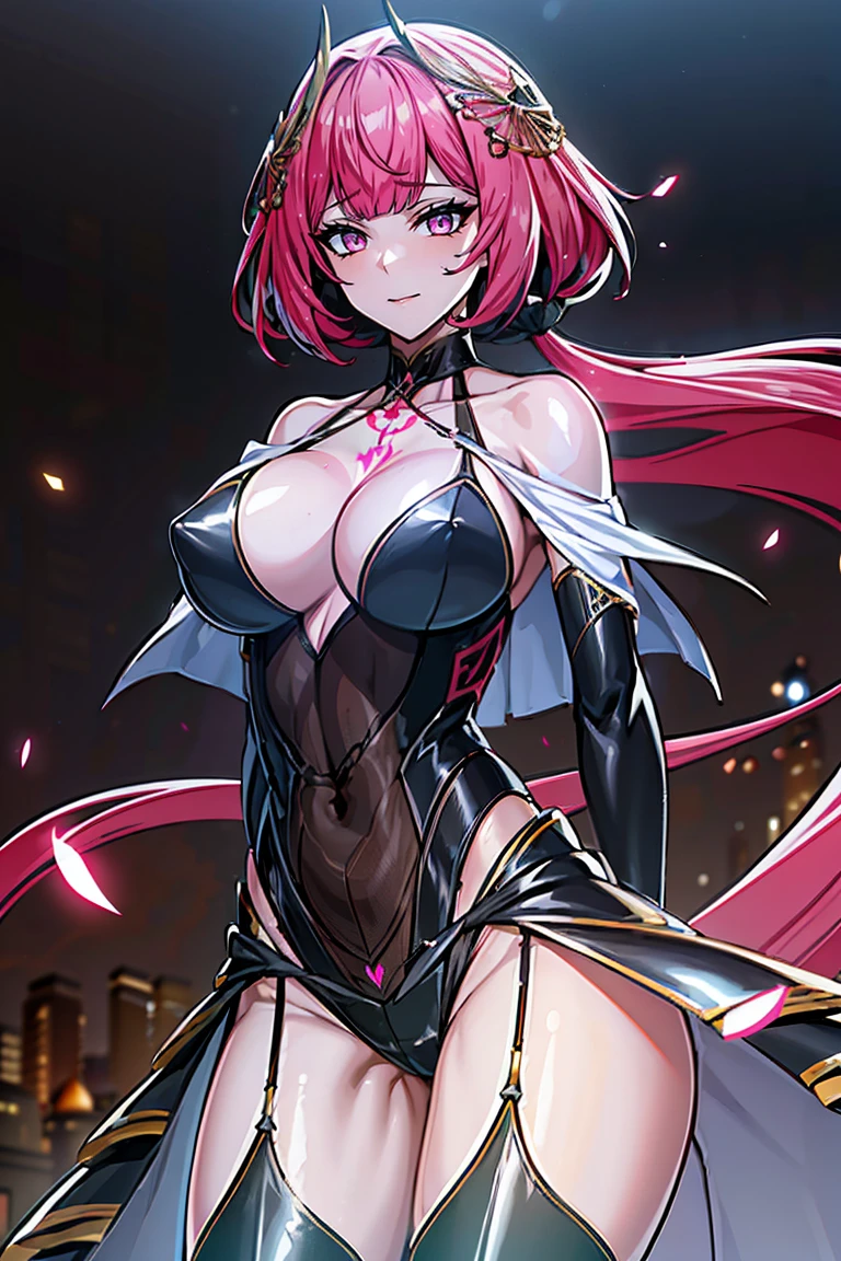 Smooth and Flawless Skin, Expressive and Captivating Eyes, Well-Defined Facial Features, Radiant and Healthy Glow, Perfectly Proportioned Face, Graceful and Symmetrical Features, Fine Details and Realistic Texture, cute face, absurdres, vivid color, beautiful portrait of cute anime girls, anime best girl, anime screencap, anime style, finely detailed, insanely detailed, exquisite, fantastic, amazing quality, top quality, professional quality, high quality, finely quality, official art, production art, super detailed skin, clear eyes, light eyes, light image, gleaming skin, oil skin, shiny skin, accurate face parts, cinematic, extremely detailed beautiful face and eyes, fair skin, 16k, 32k, 16k portrait, 32k portrait, masterpiece, Highest quality, ultra Detailed beautiful face and eyes, Detailed eyes, High resolution, beautiful, super fine illustration, extremely detailed unity cg 8k wallpaper, fearless face, perfect eyes, deep detailed eyes, perfect face, low ponytail, pink hair, hair ornament, pink eyes, leotard, zipper, white showgirl skirt, bare shoulder, thighighs, thigh high boots, bare thighs, cleavage, cleavage cutout, adult face, elbow gloves, jewelry, garter belt, garter straps, (((collarbone tattoo, chest tattoo))), hair between eyes, evil grin, perfect hands, perfect fingers, five finger, four finger and one thumb, skin tight, straight bangs, beautiful hair, very long skirt, perfect anatomy, perfect female body, perfect proportion, fingerless gloves, bare fingers gloves, extremely ultra detailed beautiful hands and fingers, one back hair, perfect hair, cowboy shot, long ponitail,