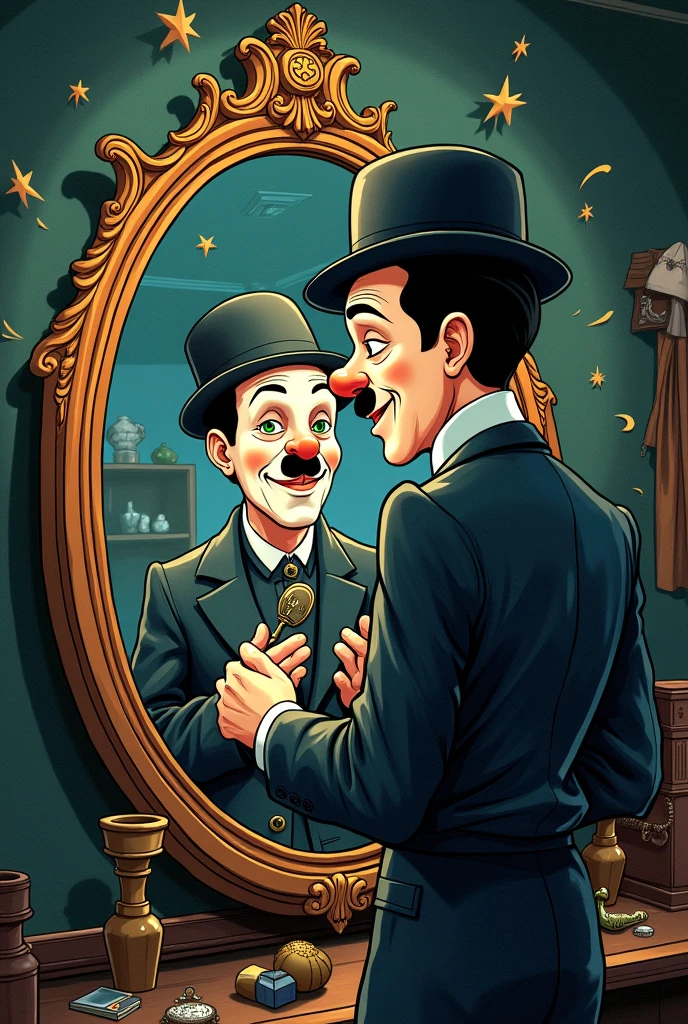 A comic-style vignette of Charles Chaplin in front of a mirror hastily applying his makeup