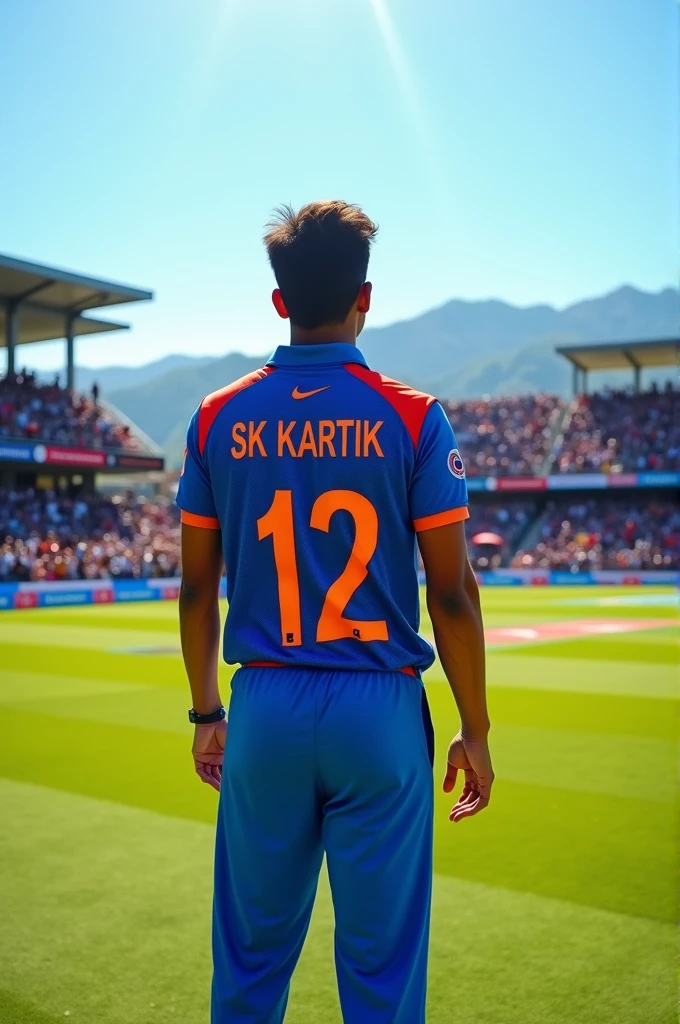 An indian cricket player from its back with 12 number and SK Kartik name on his jersey