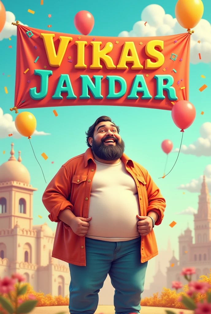 A normal, slightly chubby man is standing as the main character. Above him, a banner reads 'Vikas Jandar' in bold, clear letters. The background has a playful, light-hearted design to emphasize a comedic theme."
