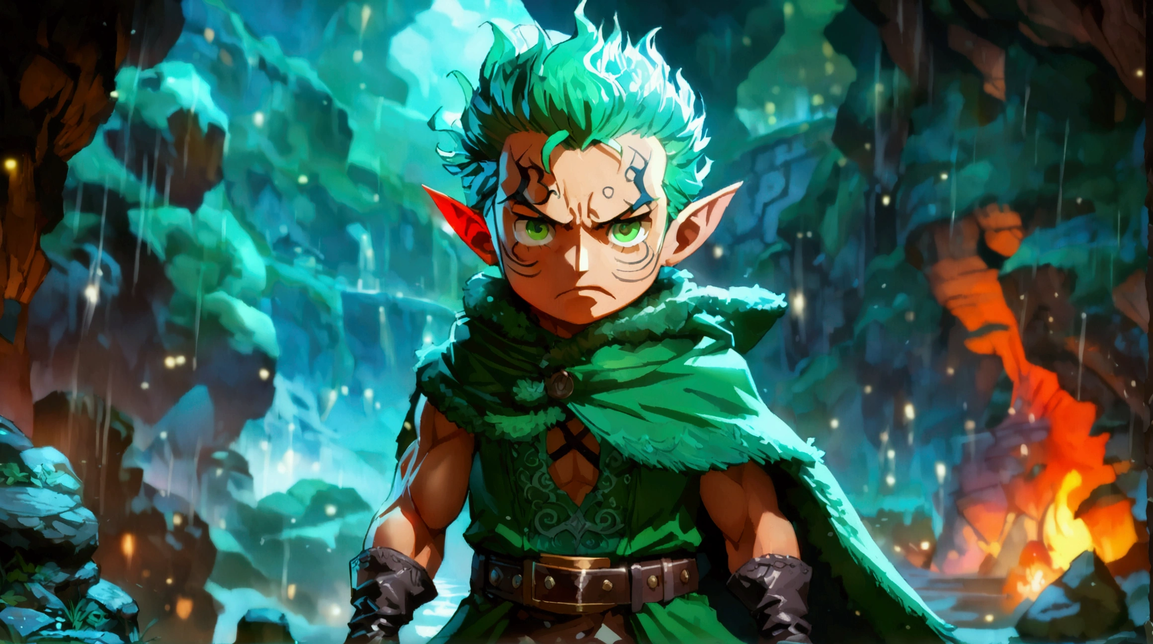 muscular young dwarf, , pointy green hair, pointy ear, green eye, big green cloak with button, leather belt, cave background at night, angry look, ((Intricate anime character design inspired by One Piece)), ((Stunning lighting)), ((Fine lines)), ((Stunning focus)), ((Stunning face)), ((Detailed focus)), ((Detailed background)), ((Ultra-fine 2D design)), ((Creative scenery)), ((2D masterpiece)), ((Best quality)), ((8K anime style))