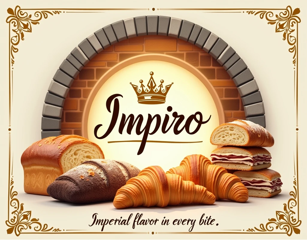 An elegant and attractive poster for the bakery 'Imperio'. In the center, the bakery's logo stands out: a golden crown over the name 'Empire' in cursive and stylized letters. Surrounding the logo, there is an artistic arrangement of various delicious-looking bakery products: golden and crispy croissants, a loaf of rustic bread with a dark crust, cakes made with frosting, and a variety of artisan breads. The background of the poster is a warm cream-colored tone, reminiscent of bread dough. At the top, there is an arch that simulates the interior of a stone oven, giving the impression that the products are freshly baked. At the bottom of the poster, in an elegant but legible font, it reads: 'Imperial flavor in every bite.' The corners of the poster are adorned with golden filigree reminiscent of palace decoration. The lighting in the picture is warm and welcoming, as if the products had just come out of the hour.