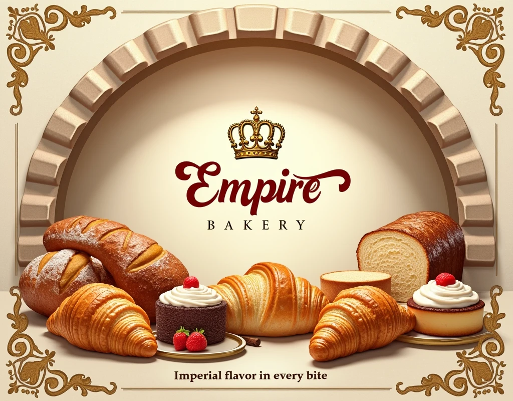 An elegant and attractive poster for the bakery 'Imperio'. In the center, the bakery's logo stands out: a golden crown over the name 'Empire' in cursive and stylized letters. Surrounding the logo, there is an artistic arrangement of various delicious-looking bakery products: golden and crispy croissants, a loaf of rustic bread with a dark crust, cakes made with frosting, and a variety of artisan breads. The background of the poster is a warm cream-colored tone, reminiscent of bread dough. At the top, there is an arch that simulates the interior of a stone oven, giving the impression that the products are freshly baked. At the bottom of the poster, in an elegant but legible font, it reads: 'Imperial flavor in every bite.' The corners of the poster are adorned with golden filigree reminiscent of palace decoration. The lighting in the picture is warm and welcoming, as if the products had just come out of the hour.