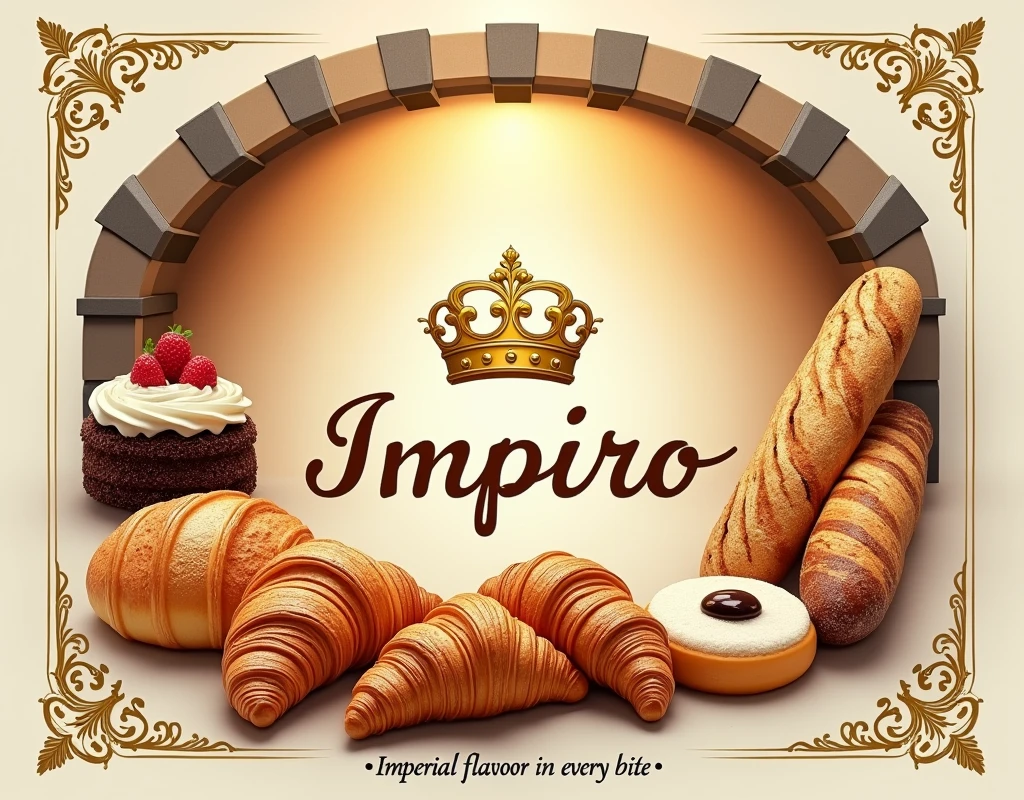 An elegant and attractive poster for the bakery 'Imperio'. In the center, the bakery's logo stands out: a golden crown over the name 'Empire' in cursive and stylized letters. Surrounding the logo, there is an artistic arrangement of various delicious-looking bakery products: golden and crispy croissants, a loaf of rustic bread with a dark crust, cakes made with frosting, and a variety of artisan breads. The background of the poster is a warm cream-colored tone, reminiscent of bread dough. At the top, there is an arch that simulates the interior of a stone oven, giving the impression that the products are freshly baked. At the bottom of the poster, in an elegant but legible font, it reads: 'Imperial flavor in every bite.' The corners of the poster are adorned with golden filigree reminiscent of palace decoration. The lighting in the picture is warm and welcoming, as if the products had just come out of the hour.