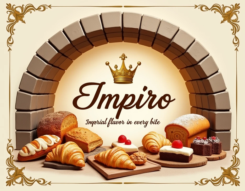 An elegant and attractive poster for the bakery 'Imperio'. In the center, the bakery's logo stands out: a golden crown over the name 'Empire' in cursive and stylized letters. Surrounding the logo, there is an artistic arrangement of various delicious-looking bakery products: golden and crispy croissants, a loaf of rustic bread with a dark crust, cakes made with frosting, and a variety of artisan breads. The background of the poster is a warm cream-colored tone, reminiscent of bread dough. At the top, there is an arch that simulates the interior of a stone oven, giving the impression that the products are freshly baked. At the bottom of the poster, in an elegant but legible font, it reads: 'Imperial flavor in every bite.' The corners of the poster are adorned with golden filigree reminiscent of palace decoration. The lighting in the picture is warm and welcoming, as if the products had just come out of the hour.