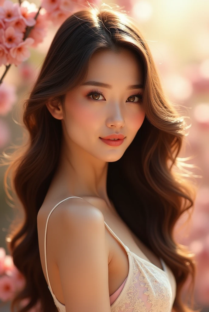 Une femme sexy, brune, et d'origine sino-européenne, dégage une beauté à la fois exotique et sophistiquée. Ses cheveux bruns, longs et soyeux, tombent en cascades élégantes autour de son visage, encadrant ses traits délicats. Leur texture lisse et leur éclat naturel captent la lumière, ajoutant une touche de glamour à son allure. Elle a un teint clair, légèrement doré, avec une peau lisse et lumineuse, reflétant son métissage harmonieux. Ses yeux en amande, d'un brun profond, sont particulièrement expressifs. Leur forme légèrement allongée, typique de ses origines asiatiques, est accentuée par des cils longs et recourbés, qui ajoutent une touche de mystère à son regard. Ses sourcils bien dessinés encadrent parfaitement ses yeux, soulignant son expression douce mais déterminée. Ses traits sont un mélange parfait des influences orientales et occidentales : un nez fin et élégant, des pommettes hautes et légèrement sculptées, et des lèvres pleines, naturellement rosées. Son sourire est charmant et radieux, révélant une personnalité chaleureuse et confiante. Sa silhouette est élancée et gracieuse, avec des courbes féminines qui ajoutent à son allure sensuelle.