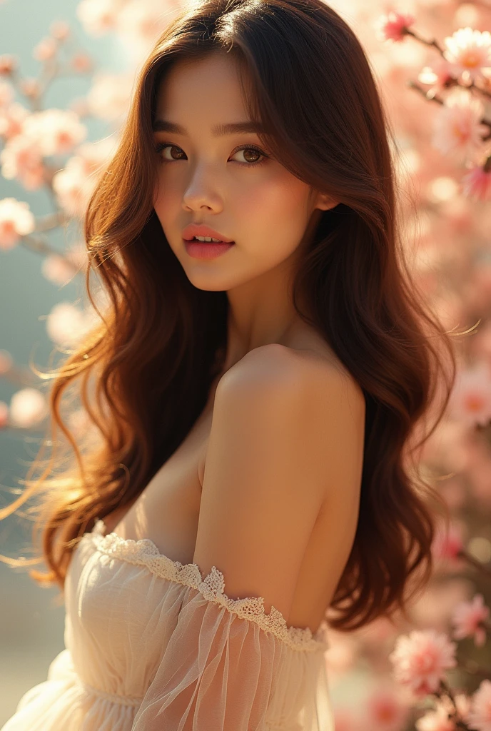 Une femme sexy, brune, et d'origine sino-européenne, dégage une beauté à la fois exotique et sophistiquée. Ses cheveux bruns, longs et soyeux, tombent en cascades élégantes autour de son visage, encadrant ses traits délicats. Leur texture lisse et leur éclat naturel captent la lumière, ajoutant une touche de glamour à son allure. Elle a un teint clair, légèrement doré, avec une peau lisse et lumineuse, reflétant son métissage harmonieux. Ses yeux en amande, d'un brun profond, sont particulièrement expressifs. Leur forme légèrement allongée, typique de ses origines asiatiques, est accentuée par des cils longs et recourbés, qui ajoutent une touche de mystère à son regard. Ses sourcils bien dessinés encadrent parfaitement ses yeux, soulignant son expression douce mais déterminée. Ses traits sont un mélange parfait des influences orientales et occidentales : un nez fin et élégant, des pommettes hautes et légèrement sculptées, et des lèvres pleines, naturellement rosées. Son sourire est charmant et radieux, révélant une personnalité chaleureuse et confiante. Sa silhouette est élancée et gracieuse, avec des courbes féminines qui ajoutent à son allure sensuelle.
