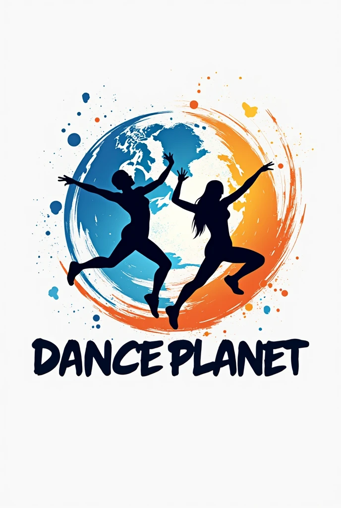 Design a dynamic and modern logo for a dance studio named 'Dance Planet.' The logo should convey energy, creativity, and movement, reflecting the vibrant spirit of hip-hop and other dance styles. Incorporate elements that represent both the 'planet' concept, such as a globe or circular shape, and the 'dance' theme, like stylized figures in motion, rhythmic lines, or abstract patterns. Use bold, contrasting colors that stand out and capture attention. The logo should be versatile enough to work across different media, from digital platforms to physical signage."