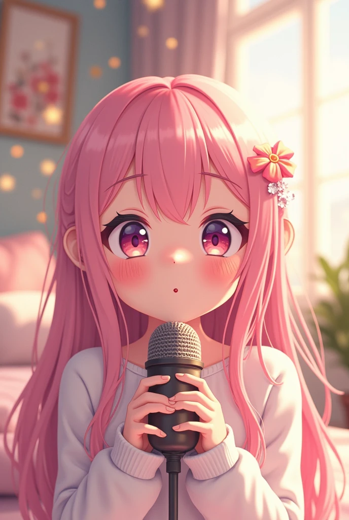 Create a 2d image of a cute anime girl smiling with pastel pink hair doing ASMR as if she was blowing into a microphone