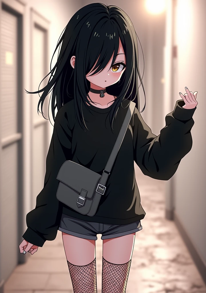 gothic anime girl, jet black hair, a fringe of hair that completely covers her eyes. black sweatshirt, grey messenger bag, short negros, black fishnet stockings, black tactical boots
