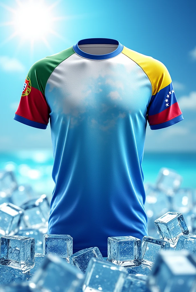 Create a sublimated shirt to sell ice with the flag of Portugal and Venezuela on each sleeve
