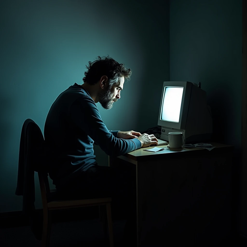 Here is a picture of a sad man sitting alone, reflecting feelings of loneliness or sadness, in a simple environment with soft tones to highlight the melancholic atmosphere "Using the computer"