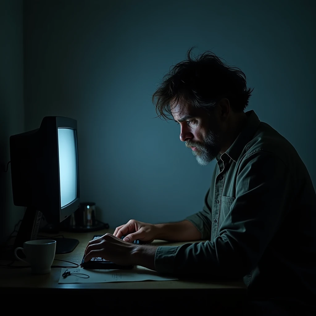 Here is a picture of a sad man sitting alone, reflecting feelings of loneliness or sadness, in a simple environment with soft tones to highlight the melancholic atmosphere "Using the computer"