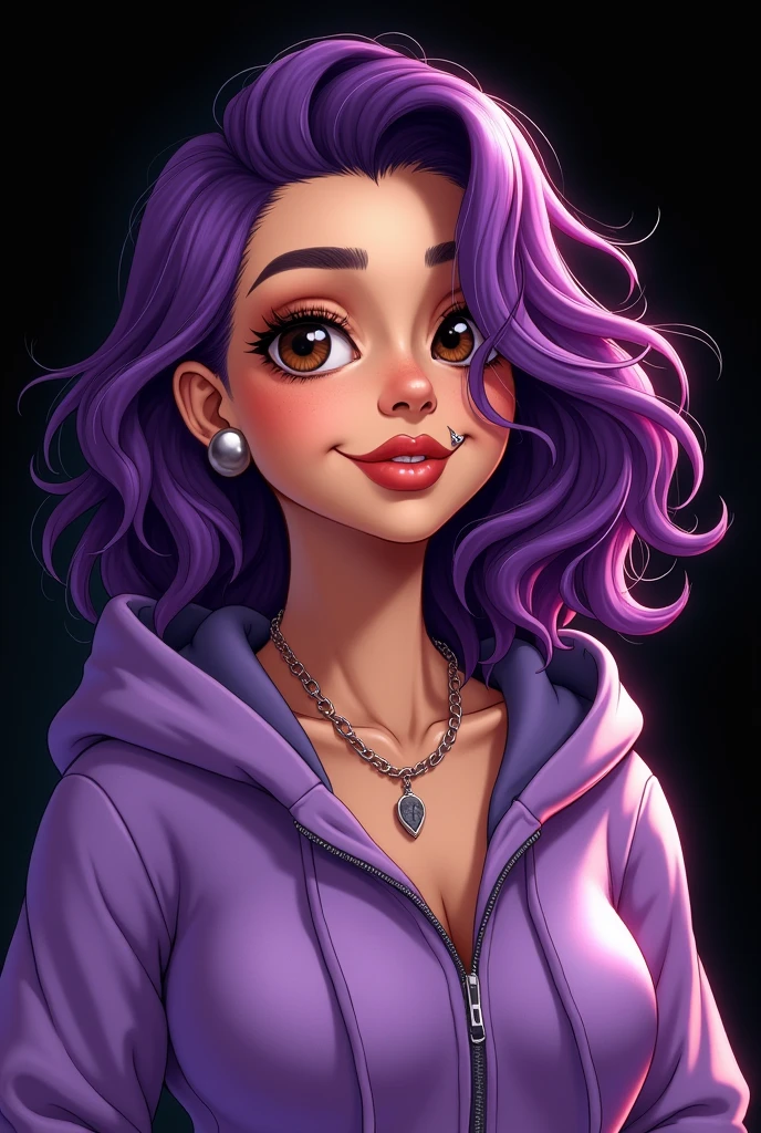 Drawing of a chubby Brazilian woman with light skin, Round face, wavy side-swept shoulder-length purple hair, wearing purple hoodie, light brown eyes, piercing in the septum and above the lips, ear plug, black backdrop