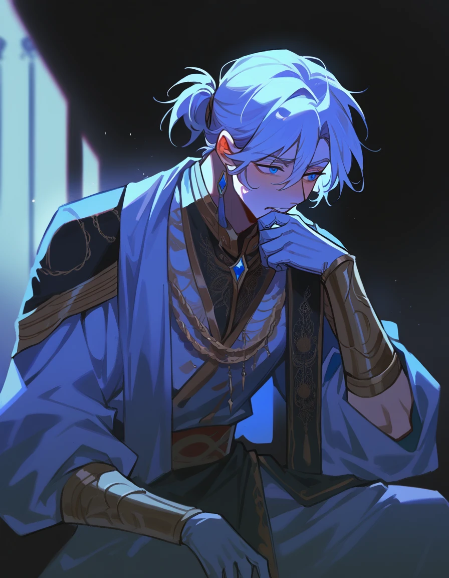 a man with long white hair, tied in a ponytail hairstyle, blue eyes a penetrating look, expression would be, but malicious, dressed elegantly like a king, clothes with gold embellished details and white wrist-length gloves, His clothes have many details that resemble machines and gears. he has a mature and responsible appearance, as if he were older than he really is, at the same time the environment he finds himself in is dark and mysterious