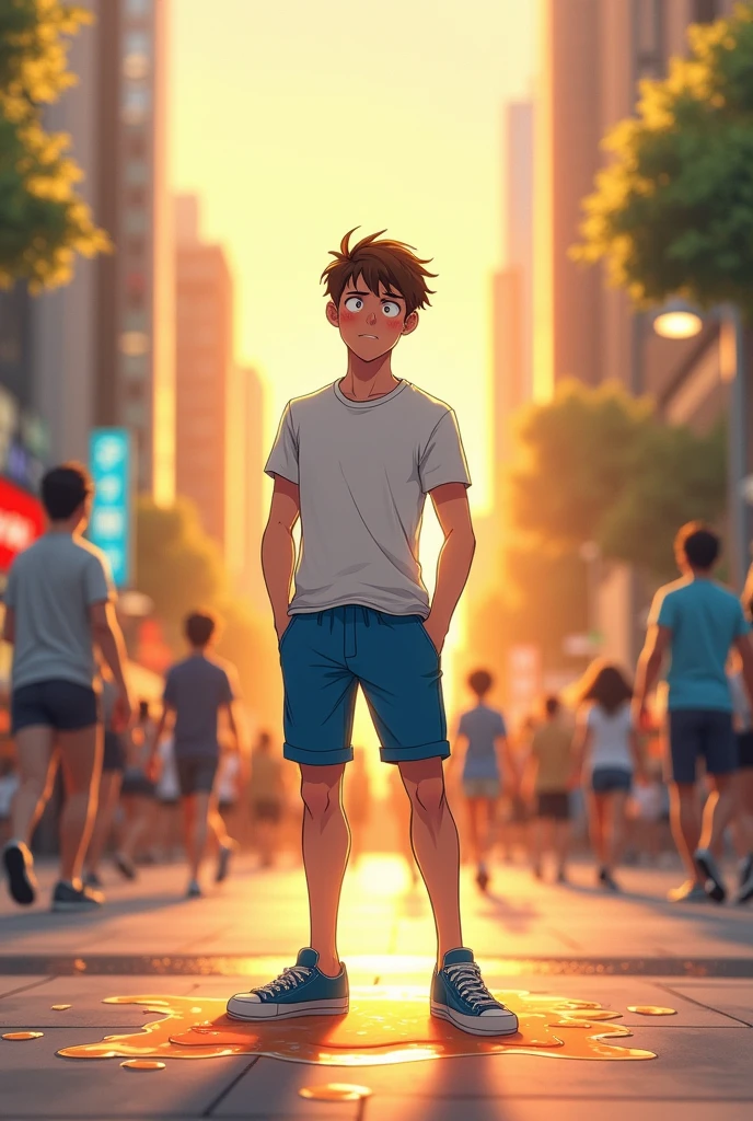 In the morning city, a slender and mascular young man in his blue short pants is pissing himself, there's a pee stain on his pants. He couldn't hold his pee. He is holding his crotch to stop peeing but his pee is leaking out from his pants, and it is making a pee puddle at his feet. white t-shirt. Wet stain on his pants. He looks embarrassed. Anime.