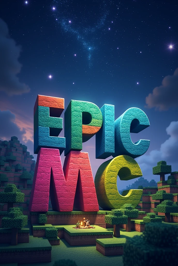 Create an image that says EpicCraftMC in the center with a Minecraft background of a starry sky