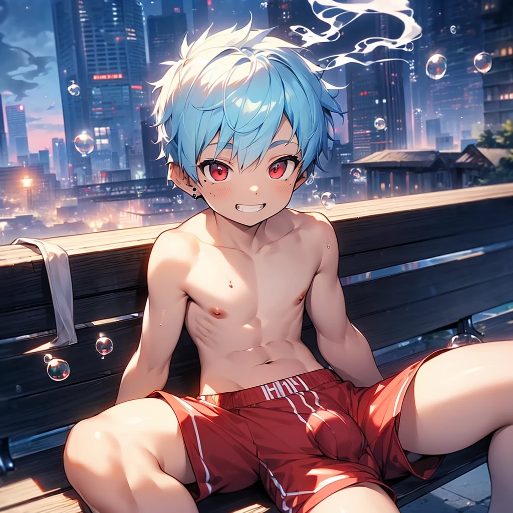 (solo:2), (boldline:-1.8), (smoke:1.6), (((bubble))), (index finger and arm around mouth:1.4), (sitting on bench:1.5), (spread legs:1.5), (((fang))), (((best finger))), (((best hands))), (((best arms))), (((best legs))), BREAK (best quality:1.5), (absolutely resolution:1.5), (ultra detailed:1.5), (masterpiece:1.5), (perfect face), (detailed face), (detailed eyes), (best eyes), (cute face), (shota:2), BREAK (topless:1.5), BREAK (red short pants:1.5), (bulge:1.6), (skinny:1.3), (spiked hair), BREAK (light blue hair:1.5), (wine red eyes:1.4), (eyes with highlight:1.6), ((mole under eye)), (sweaty skin), (light skin), (grin:1.5), ((earrings)), (shiny skin:1.3), BREAK (garden), (building:1.5), (at twilight:1.5), (frontlight), ((wind blowing)), ((nipple)), (abs), (groin),