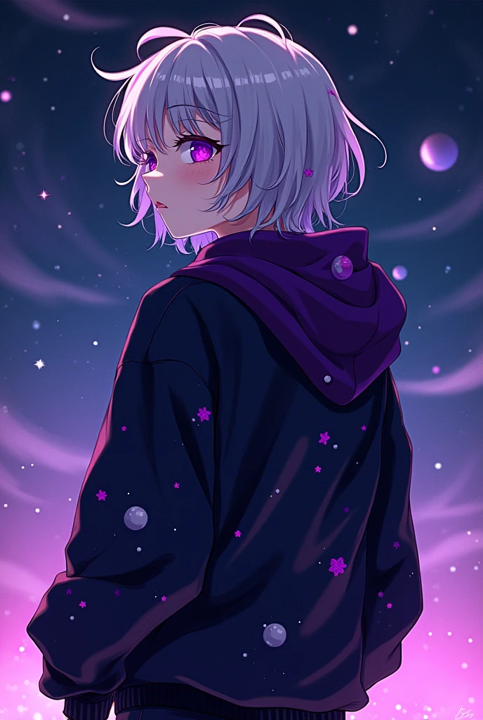 Create a humanoid femboy, but that is not human (of an unknown race, with lunar characteristics), with dark spots on his body, short hair, art in 2D format, wearing a black and purple sweatshirt, standing backwards
