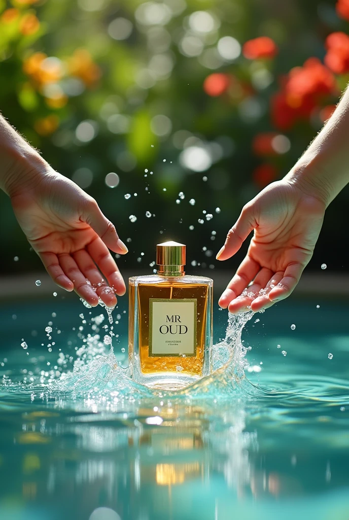 Bottle of purfume name Mr Oud catch by falling in water with hands