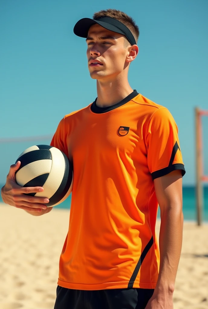 best qualityer:1.4), (ultra high resolution:1.2), (photorrealistic:1.4), (8k, CRU photo:1.2), a thin young man of 20 years old, skin black, with a smooth, beardless face, with short hair, with shaved sides and a low top, is wearing an orange shirt with black details, is wearing black beach shorts. It's on a sand volleyball court. He has the volleyball in his hand as if he were playing. He has a black visor