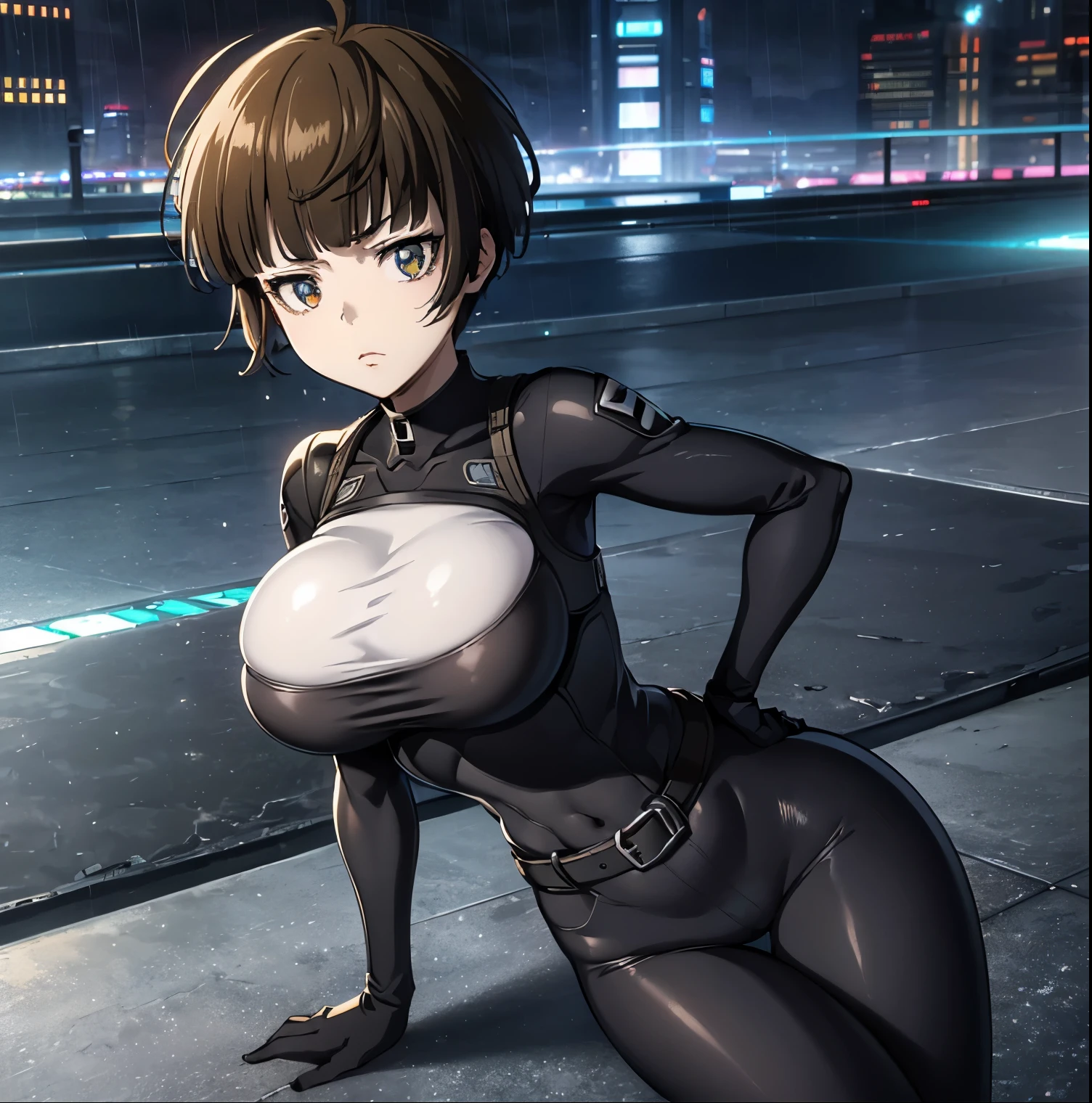 ((1girl)),((alone)),tsunemori akane, (one punch man),(masterpiece), (best quality), (ultra detailed), (best illustration), (best shadow), (absurdities), sharp focus, cowboy shot, atmospheric perspective, depth of field, dynamic posture looking at viewer, big breasts, narrow waist, wide hips, wide thighs, round butt, erotic, romantic, (very detailed eyes, 1.1 lips), very detailed, eyes, Very detailed face, Very beautiful face, Symmetrical face, Aesthetic face, perfect face, perfect eyes, detailed eyelashes: 1.5), full height, beautiful slim figure, femininity, expressive appearance, elastic big breasts, sexuality, half-open lips , police clothing, bulletproof vest, black vest, fingerless gloves, black gloves, blue pants, jeans, belt, combat boots, white shirt, long sleeves, written clothing, hand on hip, curves, defined body, Perfect and beautiful body, perfect and beautiful, closed mouth, serious expression, neutral grimace, (sexy pose: 1.2), ((solo)), standing: 1.3,((outdoor, cybeppunk landscape, cityscape, futuristic streets, futuristic city ,light reflection, clouds,rainy,night,city lights)),looking forward,((focus on hips)), point of view:(from middle), perfect anatomy, perfect hands ,