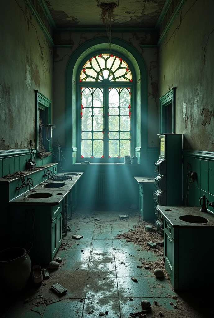 Photo of a spooky abandoned hospital with broken stained glass windows