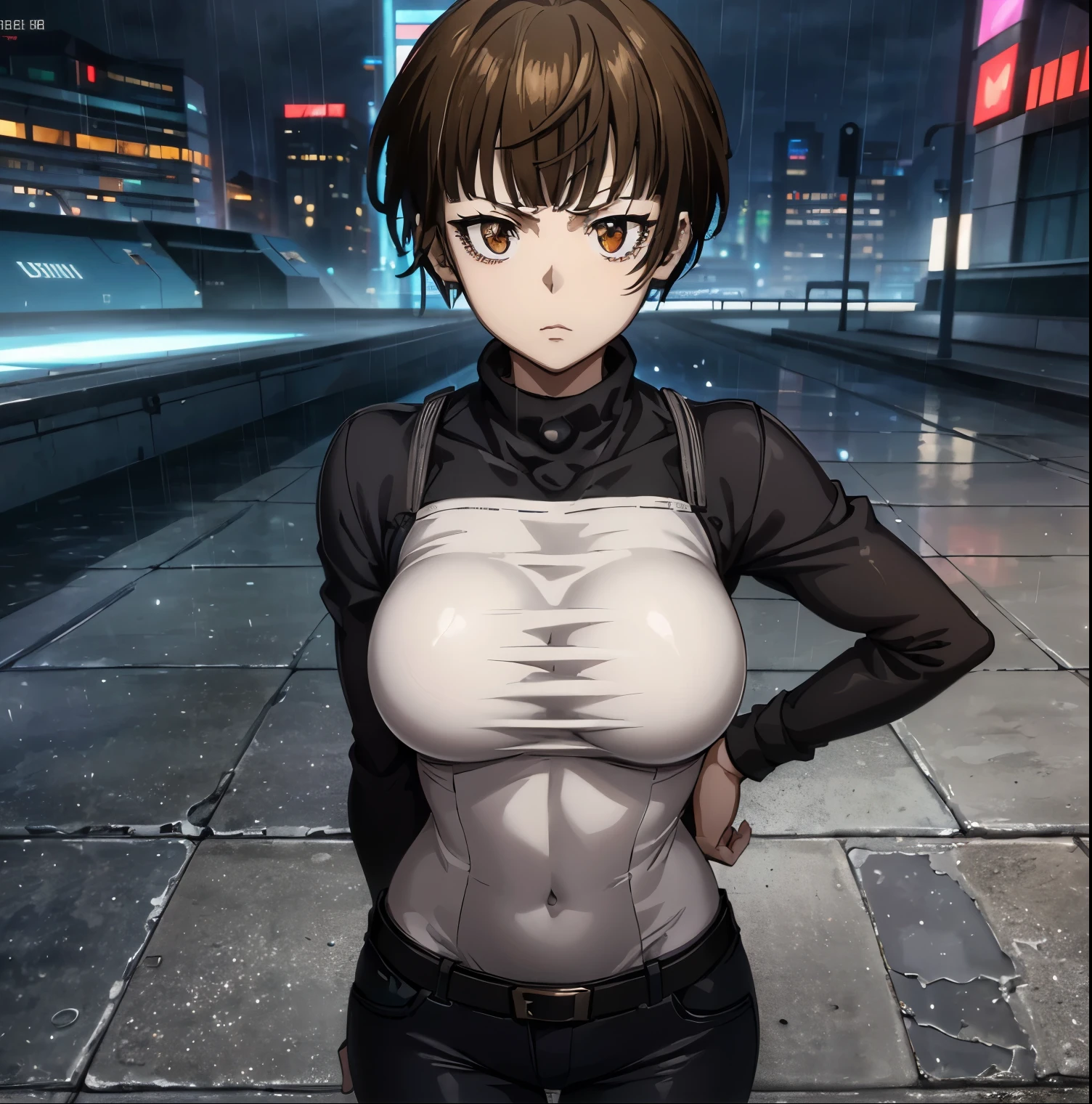 ((1girl)),((alone)),tsunemori akane, (one punch man),(masterpiece), (best quality), (ultra detailed), (best illustration), (best shadow), (absurdities), sharp focus, cowboy shot, atmospheric perspective, depth of field, dynamic posture looking at viewer, medium breasts, narrow waist, wide hips, wide thighs, round butt, erotic, romantic, (very detailed eyes, 1.1 lips), very detailed, eyes, Very detailed face, Very beautiful face, Symmetrical face, Aesthetic face, perfect face, perfect eyes, detailed eyelashes: 1.5), full height, beautiful slim figure, femininity, expressive appearance, elastic medium breasts, sexuality, half-open lips , brown hair, short hair, brown eyes, white skin, police clothing, bulletproof vest, black vest, fingerless gloves, black gloves, blue pants, jeans, belt, combat boots, white shirt, long sleeves, clothing written, hand on hip, curves, defined body, Perfect and beautiful body, perfect and beautiful, closed mouth, serious expression, neutral grimace, (sexy pose: 1.2), ((solo)), standing: 1.3,((outside ,cybeppunk landscape, cityscape, futuristic streets, futuristic city, light reflection, clouds, rainy, night, city lights)), looking forward, ((focus on breasts)), point of view: (from middle ), perfect anatomy, perfect hands