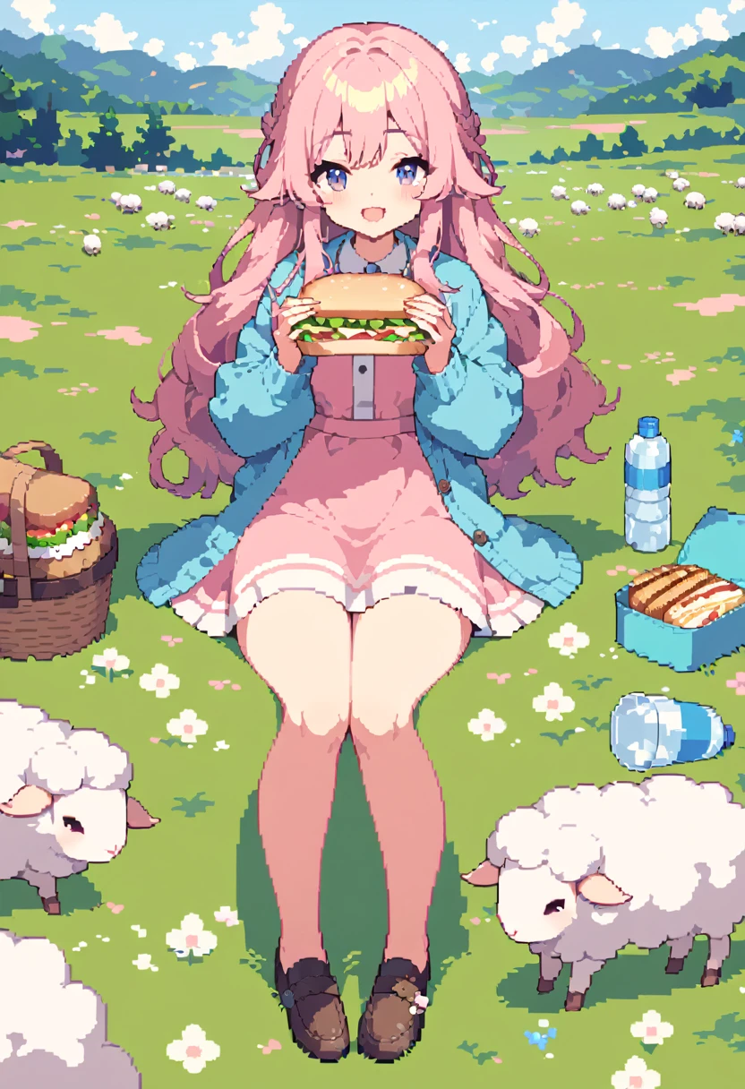 masterpiece, Highest quality, 8k, Beautiful pixel art, Vivid, Sheep, young woman, smile, Open your mouth, ((Fluffy hair)), Long Hair, Hair like sheep's hair, Pink Hair, eyebrow, 太いeyebrow大きな目の人形1体，Pink dress, Blue cardigan, Brown shoes, grassland, picnic, Basket with packed lunches, Eating a sandwich, Water bottle, Sitting on a plaid sheet