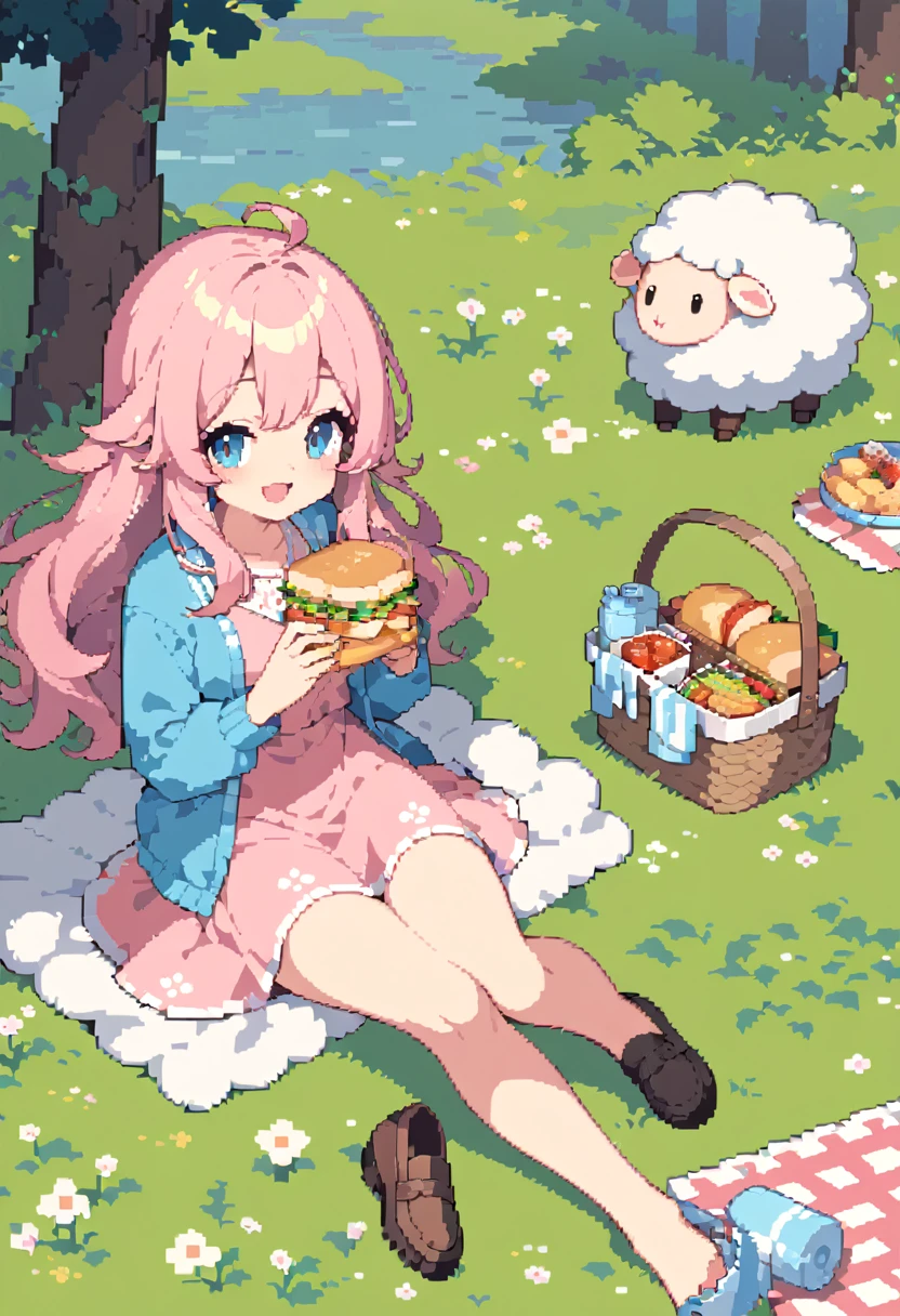 masterpiece, Highest quality, 8k, Beautiful pixel art, Vivid, Sheep, young woman, smile, Open your mouth, ((Fluffy hair)), Long Hair, Hair like sheep's hair, Pink Hair, eyebrow, 太いeyebrow大きな目の人形1体，Pink dress, Blue cardigan, Brown shoes, grassland, picnic, Basket with packed lunches, Eating a sandwich, Water bottle, Sitting on a plaid sheet