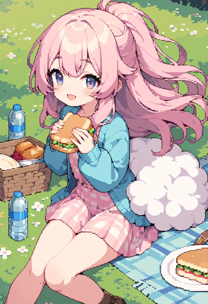 masterpiece, Highest quality, 8k, Beautiful pixel art, Vivid, Sheep, young woman, smile, Open your mouth, ((Fluffy hair)), Long Hair, Hair like sheep's hair, Pink Hair, eyebrow, 太いeyebrow大きな目の人形1体，Pink dress, Blue cardigan, Brown shoes, grassland, picnic, Basket with packed lunches, Eating a sandwich, Water bottle, Sitting on a plaid sheet