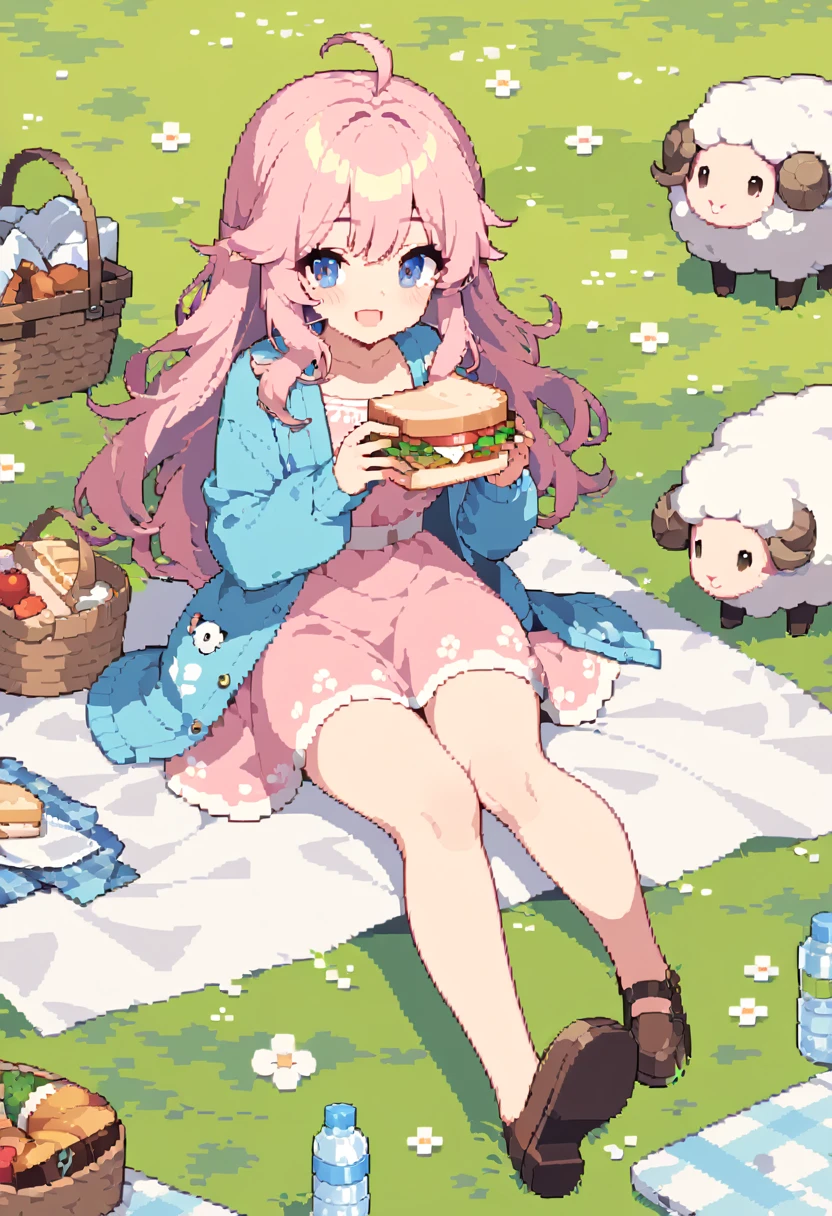 masterpiece, Highest quality, 8k, Beautiful pixel art, Vivid, Sheep, young woman, smile, Open your mouth, ((Fluffy hair)), Long Hair, Hair like sheep's hair, Pink Hair, eyebrow, 太いeyebrow大きな目の人形1体，Pink dress, Blue cardigan, Brown shoes, grassland, picnic, Basket with packed lunches, Eating a sandwich, Water bottle, Sitting on a plaid sheet