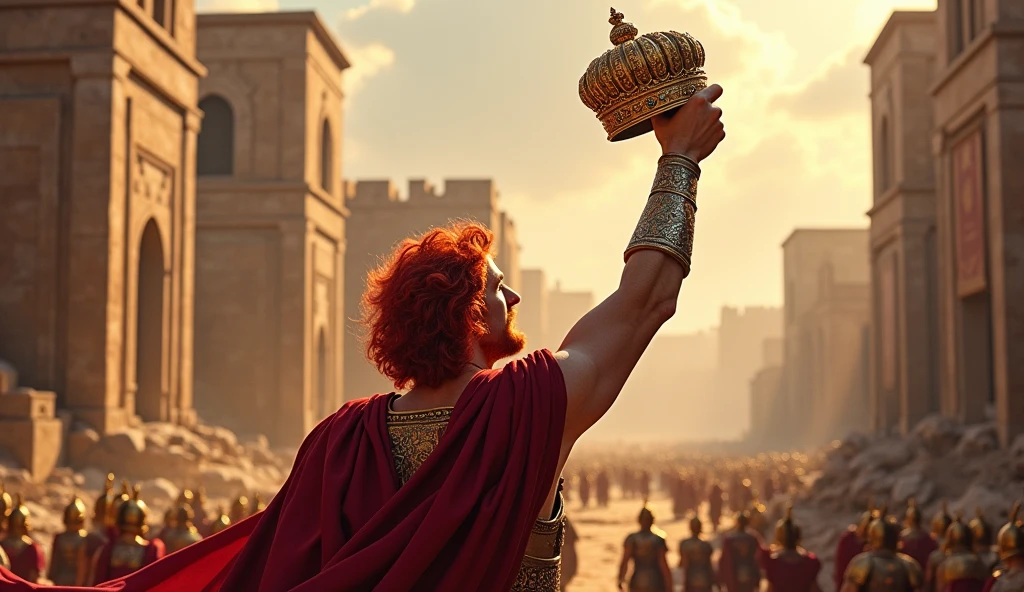biblical history: King David who was red-haired took the crown from the Ammonite king, which was made of gold and precious stones, and placed it on his own head. He also took great spoil from the city.