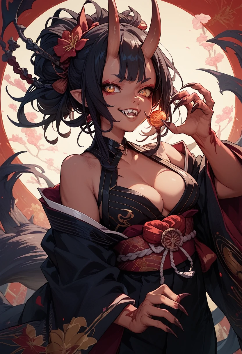 1girl, solo, oni girl, japanese kimono, medium breasts, Black kimono, bare shoulders, Cleavage, Demon Horns, Long, sharp claws, tooth, 