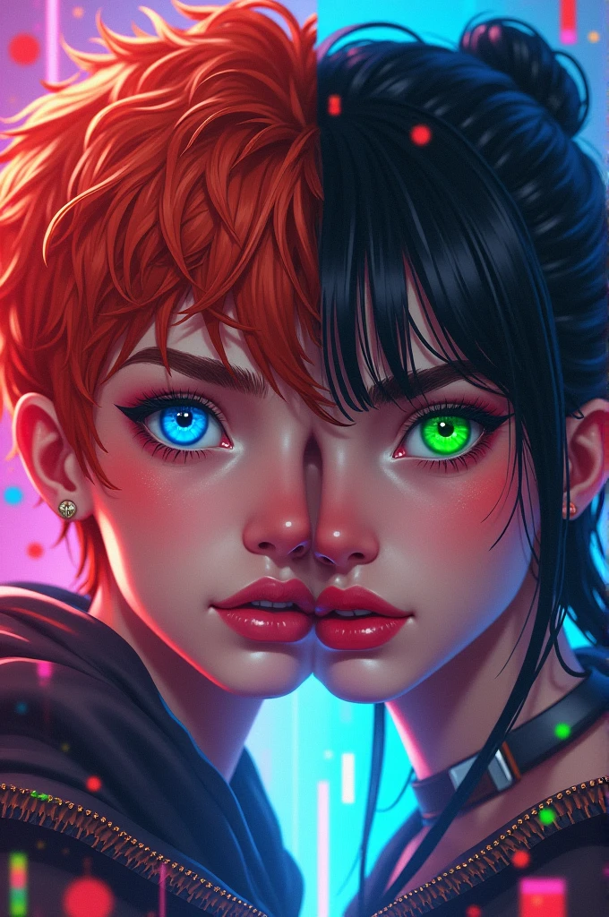 Change Background cyberpunk handsome boy and lovely girl realistic face.
