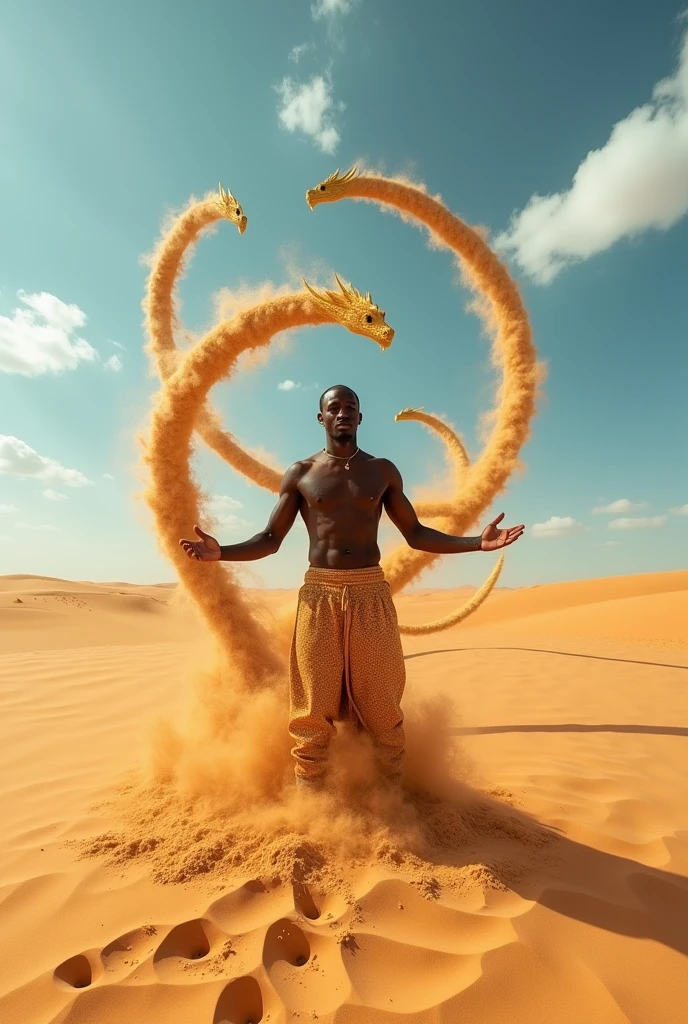 African male with sand manipulation powers
in a dessert and creating six sand dragons