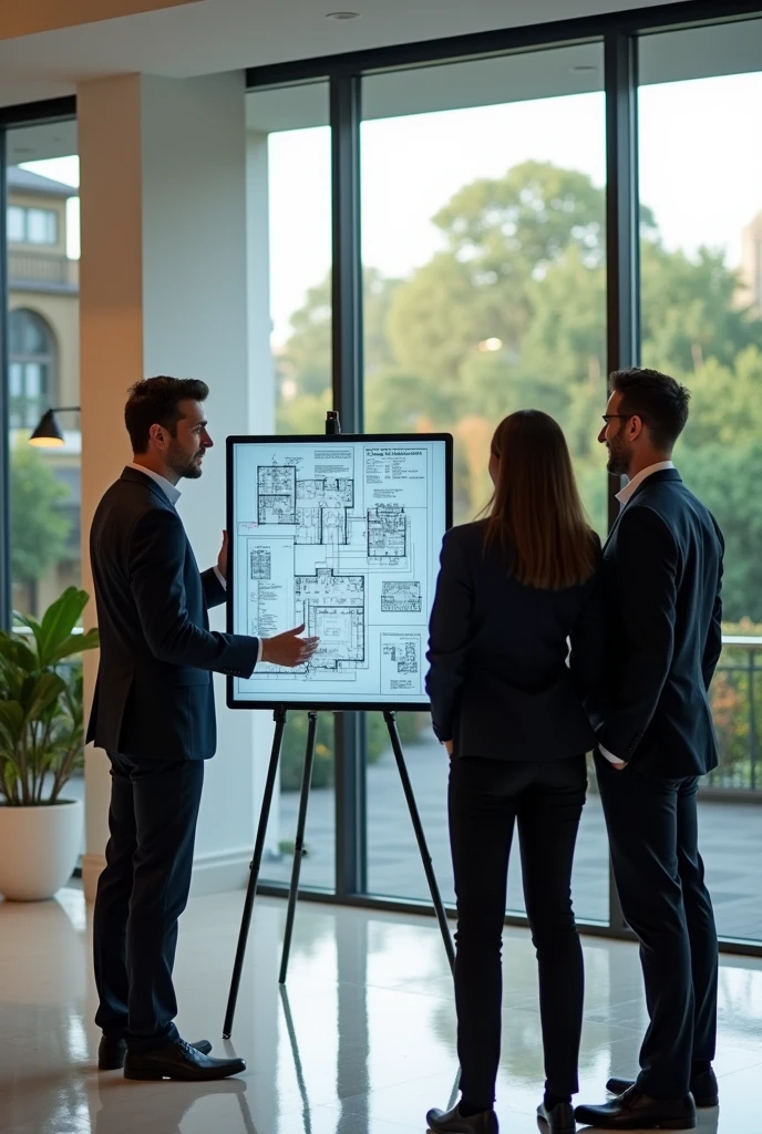 Electrical engineer & clients discussing about electrical plan of luxurious banglow