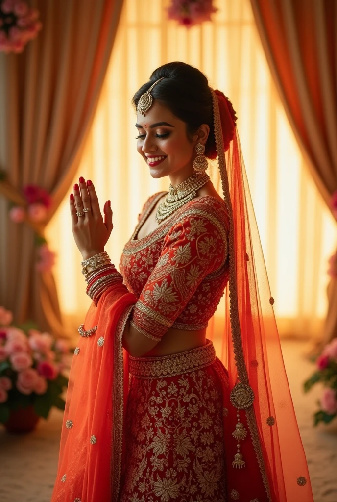 Instagram story size image,milk white skin tone, bridal lehanga wear,bridal jewellery,smiling human face,vanakkam hand,wedding hall background