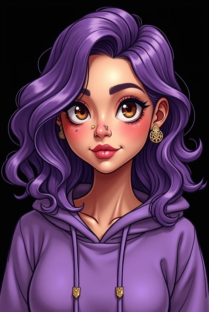 Drawing of a chubby Brazilian woman with light skin, Round face, wavy side-swept shoulder-length purple hair, wearing purple hoodie, light brown eyes, piercing in the septum and above the lips, ear plug, black backdrop