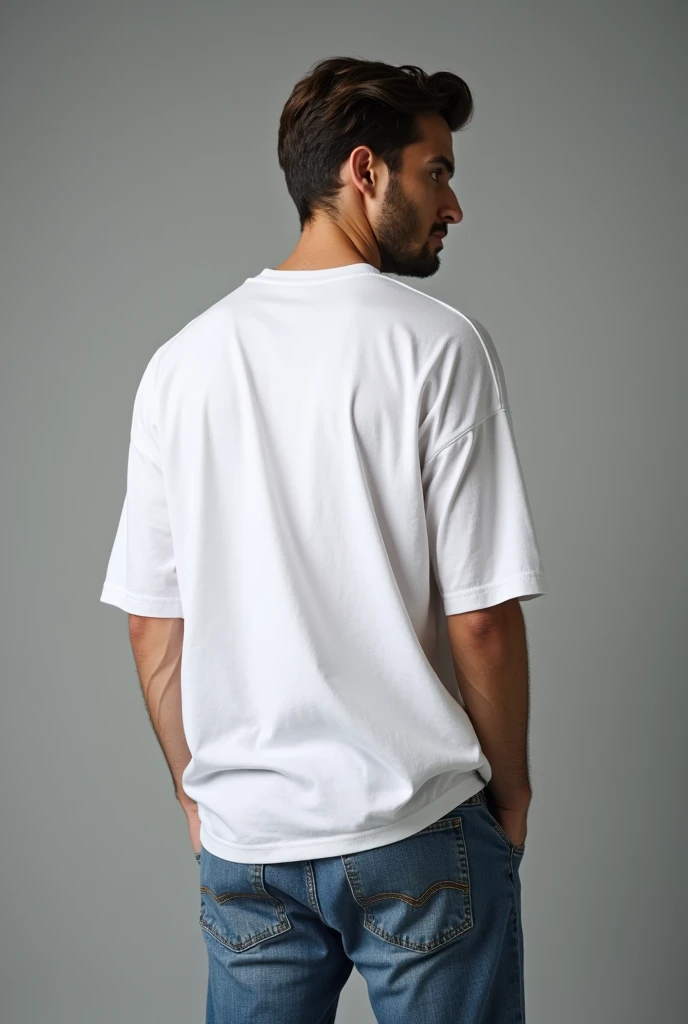 Handsome man, standing straight facing at back,wearing white oversized t-shirt, denim pants, against greyish background, cotton texture of t-shirt, oversized tshirt,round neck, half sleeves. Cotton texture of t-shirt should be visible little bit.