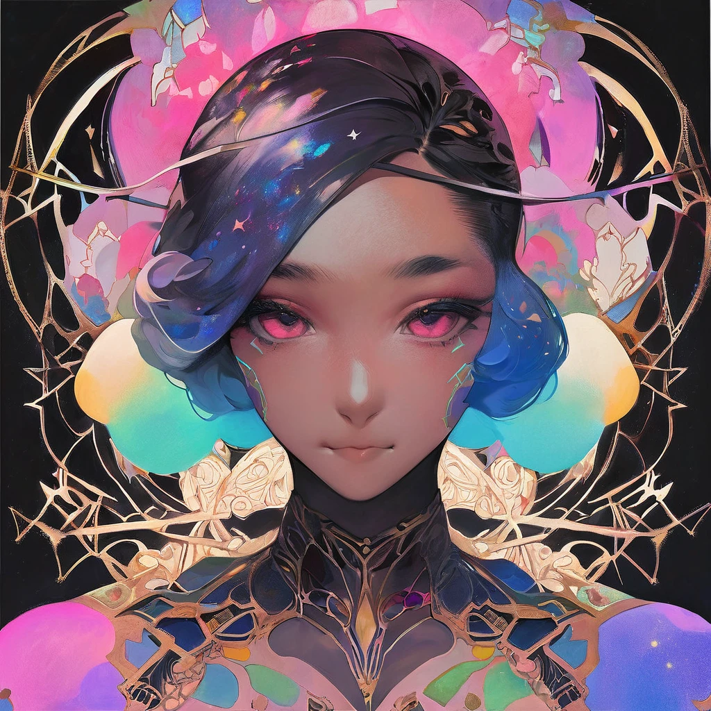 Highly detailed, glossy photo of a stunning portrait, showcasing a vibrant, electric pink aura radiating from the subject's core, with subtle, shimmering gold accents that resemble intricate filigree patterns, reminiscent of the styles of Android Jones, Januz Miralles, and Hikari Shimoda. The aura is composed of thousands of glowing, microscopic stardust particles, evoking a sense of cosmic wonder, à la W. Ze. The portrait subject's facial features are delicate, with smooth, porcelain-like skin and subtle, warm undertones. The eyes are bright, shining with an otherworldly intensity, surrounded by a latticework of fine, organic tracery that adds depth and dimension to the overall piece. The portrait is set against a deep, velvety black background, allowing the vibrant colors to pop with dramatic effect. The overall style blends futuristic, cyberpunk elements with traditional, ornate motifs, creating a truly unique and captivating visual experience.