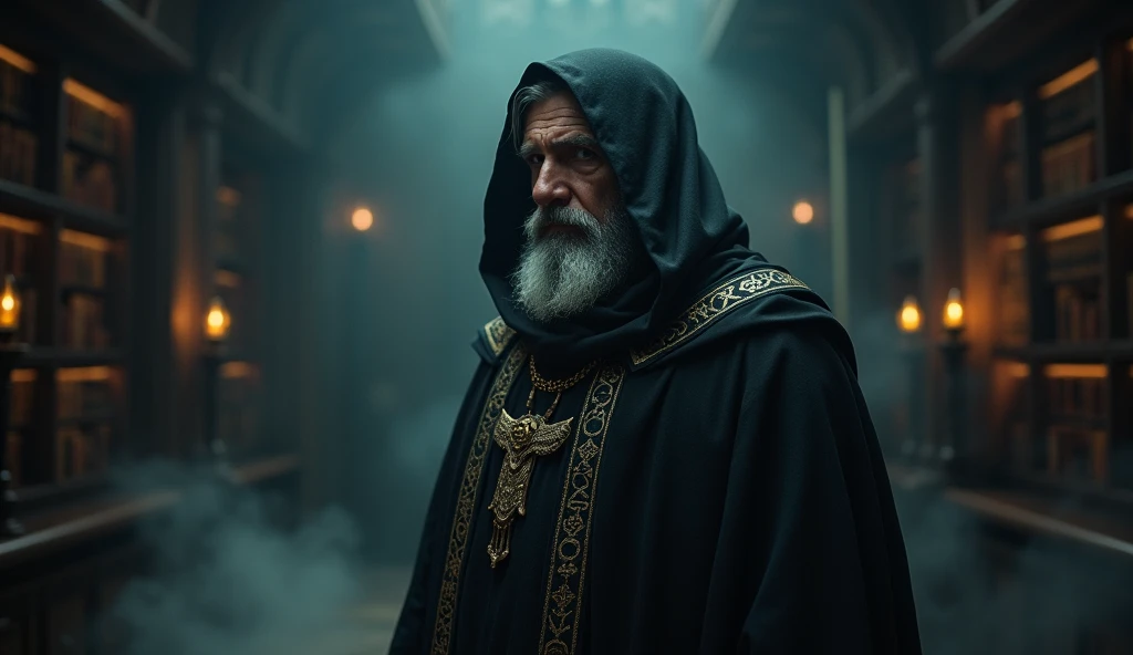 Create an image of an enigmatic character named Arimathea. He is a man of approximately 60-70 years old., with gray hair and a well-groomed beard, partially hidden by a hood that falls over their shoulders. He is dressed in a long, dark cloak, adorned with subtle details like ancient symbols or runes that glow faintly in the dim light. His eyes are deep and illuminated by a soft glow, transmitting hidden wisdom. The hood should add a touch of mystery by partially hiding your face.. The background is dark and foggy., with elements like old books, mysterious scrolls and artifacts, creating an atmosphere of secrecy and depth. Arimathea should display a serene and thoughtful expression, as if it were guarding deep and ancestral knowledge.